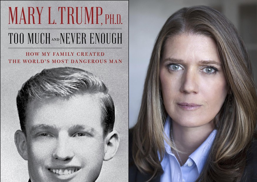 This combination photo shows the cover art for &quot;Too Much and Never Enough: How My Family Created the World’s Most Dangerous Man&quot;, left, and a portrait of author Mary L. Trump, Ph.D. The book ...