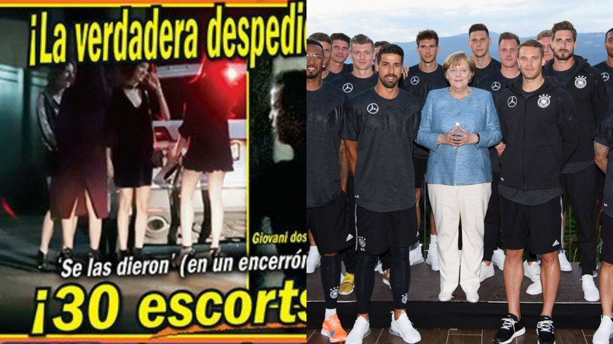 Links: Wie sich Mexiko vorbereitet. Und Rechts: Die deutsche Nationalmannschaft mit Bundeskanzlerin Merkel.