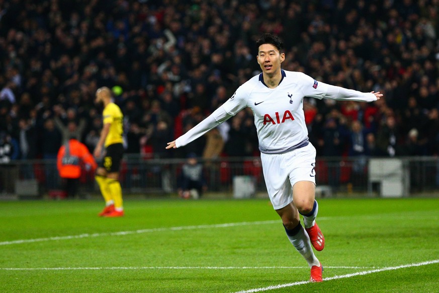 Heung-Min Son of Tottenham Hotspur celebrates scoring the opening goal during the UEFA Champions League Round of 16 First Leg match at Wembley Stadium, London. Picture date: 13th February 2019. Pictur ...