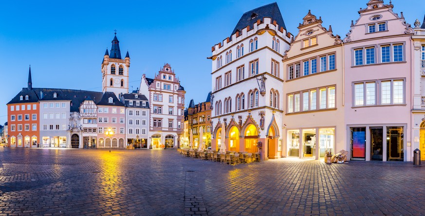 Historic city center of Trier with famous Hauptmarkt market square and St. Gangolf church in beautiful post sunset twilight at dusk in summer, Rheinland-Pfalz, Germany