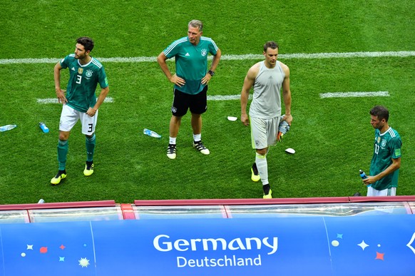 Soccer Football - World Cup - Group F - South Korea vs Germany - Kazan Arena, Kazan, Russia - June 27, 2018 Germany&#039;s Jonas Hector, Manuel Neuer and Thomas Muller look dejected after the match RE ...