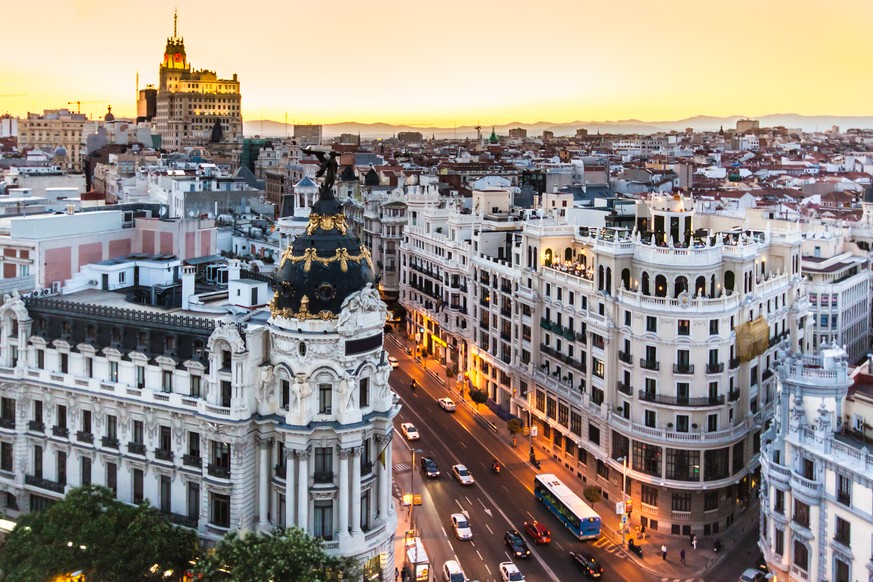 &quot;Panoramic aerial view of Gran Via, main shopping street in Madrid, capital of Spain, Europe.&quot;