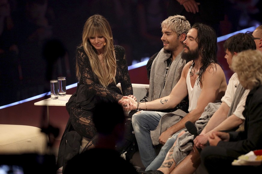 DUESSELDORF, GERMANY - MAY 23: Heidi Klum, Tom Kaulitz and Billy Kaulitz of Tokio Hotel at the &quot;Germany&#039;s Next Top Model&quot; finals at ISS Dome on May 23, 2019 in Duesseldorf, Germany. (Ph ...
