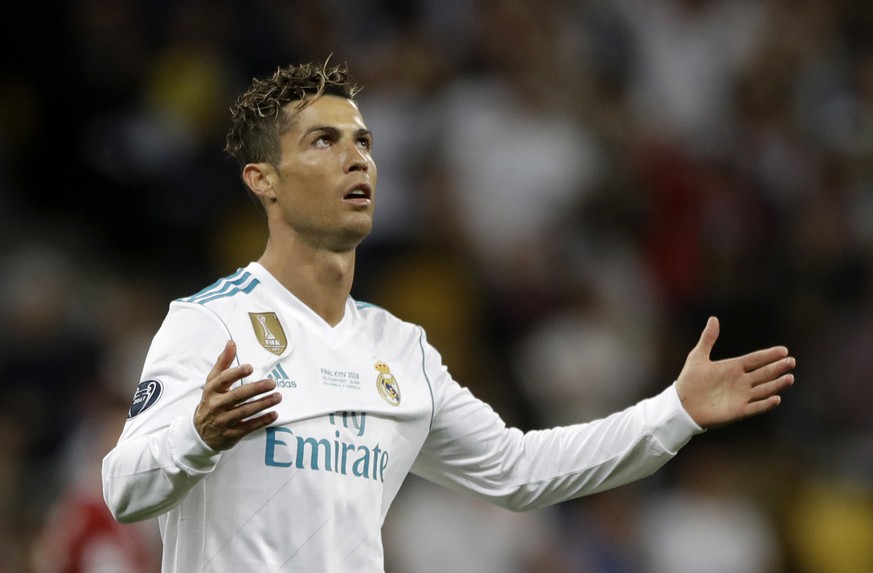 Real Madrid&#039;s Cristiano Ronaldo reacts during the Champions League Final soccer match between Real Madrid and Liverpool at the Olimpiyskiy Stadium in Kiev, Ukraine, Saturday, May 26, 2018. (AP Ph ...