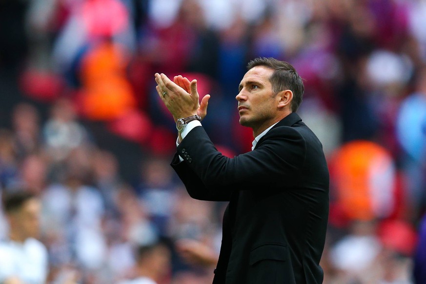 Derby County manager Frank Lampard acknowledges the fans after the Sky Bet Championship match at Wembley Stadium, London. Picture date: 27th May 2019. Picture credit should read: Craig Mercer/Sportima ...