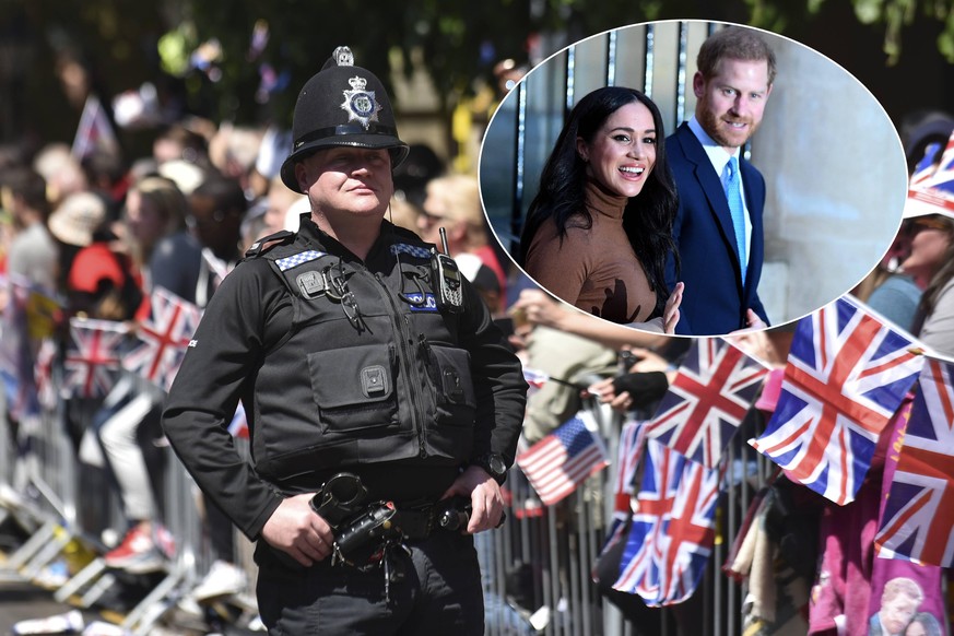 May 19, 2018 - Windsor, United Kingdom - Police officers patrol the streets of around Windsor Castle prior to the procession that celebrats the wedding between Prince Harry of Wales and Ms Meghan Mark ...