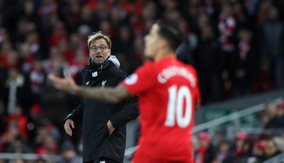 Philippe Coutinho and Jurgen Klopp manager of Liverpool during the English Premier League match at Anfield,Stadium, Liverpool. Picture date: March 4th, 2017. Photo credit should read: Lynne Cameron/Sp ...