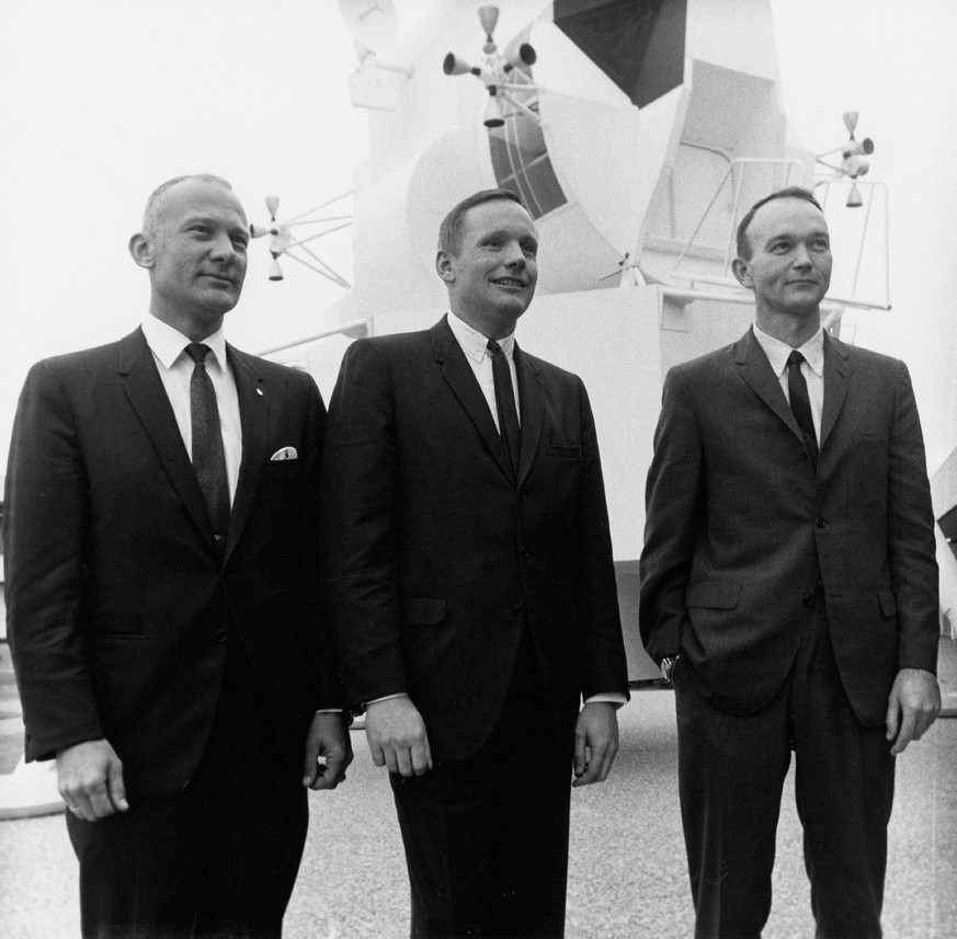 File photo - Cape Canaveral, FL - -- Apollo 11 Astronauts, left-to-right, Edwin E. &quot;Buzz&quot; Aldrin, Jr., Neil A. Armstrong, and Michael Collins, pose in front of full-scale lunar module mock-u ...