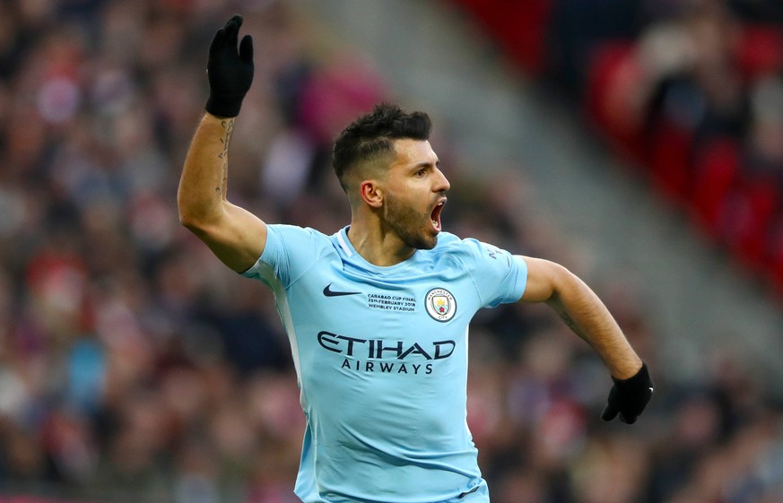 Arsenal v Manchester City - Carabao Cup Final - Wembley Stadium Manchester City s Sergio Aguero celebrates scoring his side s first goal of the game EDITORIAL USE ONLY No use with unauthorised audio,  ...