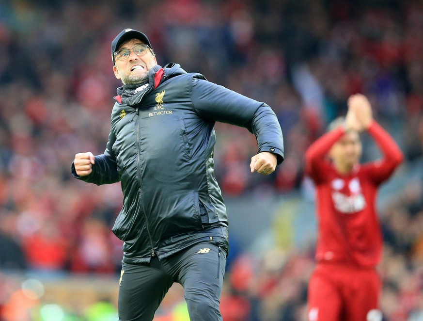 31st March 2019, Anfield, Liverpool, England; EPL Premier League football, Liverpool versus Tottenham Hotspur; Liverpool manager Jurgen Klopp celebrates with a flurry of punches in front of the Kop af ...