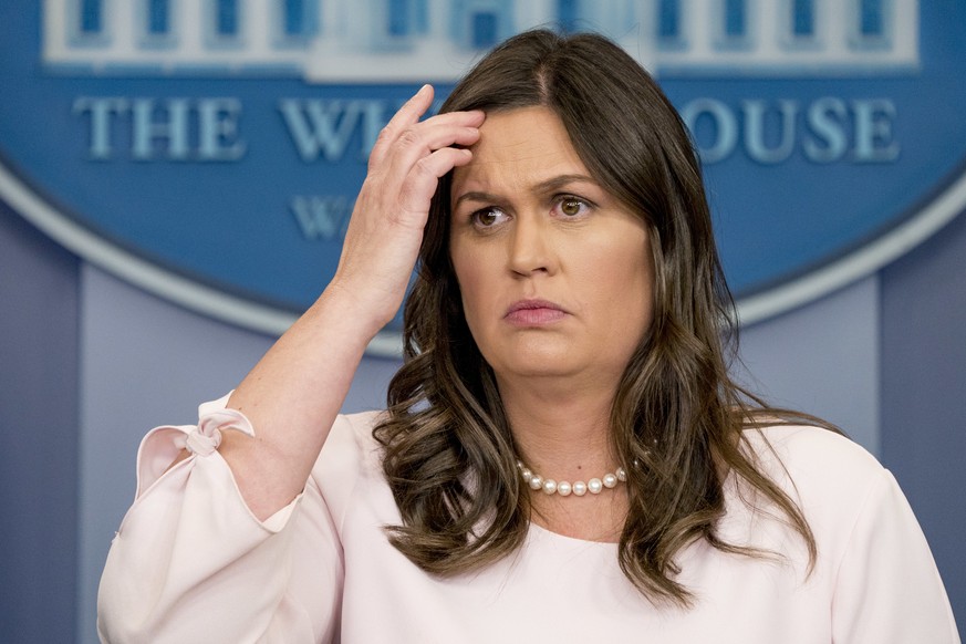 White House press secretary Sarah Huckabee Sanders listens to a question during the daily press briefing at the White House, Monday, June 4, 2018, in Washington. Sanders discussed, Trump&#039;s pardon ...
