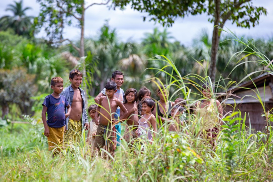 ARCHIV - 03.03.2021, Brasilien, São Paulo: Mitglieder einer indigenen Gemeinschaft, die in der Region Alto Rio Negro lebt, lachen nahe ihrer Siedlung an der Grenze zu Kolumbien. Nach einer Studie der  ...