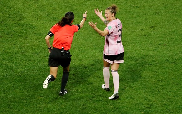 FILE PHOTO: Soccer Football - Women&#039;s World Cup - Group D - Scotland v Argentina - Parc des Princes, Paris, France - June 19, 2019 Referee Ri Hyang-ok signals a penalty after a VAR review as Scot ...