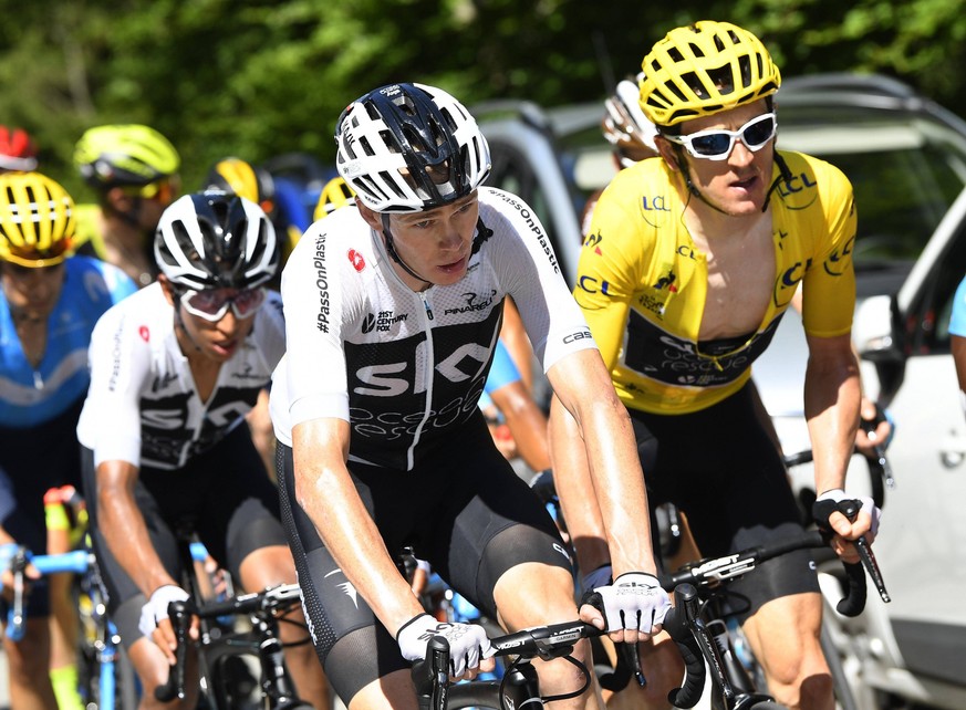 ALPE D HUEZ, FRANCE - JULY 19 : FROOME Chris (GBR) of Team SKY &amp; THOMAS Geraint (GBR) of Team SKY during stage 12 of the 105th edition of the 2018 Tour de France cycling race, a stage of 175.5 kms ...
