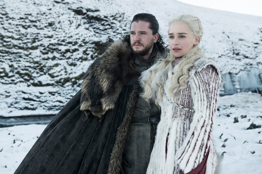 This photo released by HBO shows Kit Harington as Jon Snow, left, and Emilia Clarke as Daenerys Targaryen in a scene from &quot;Game of Thrones,&quot; which premiered its eighth season on Sunday. (HBO ...