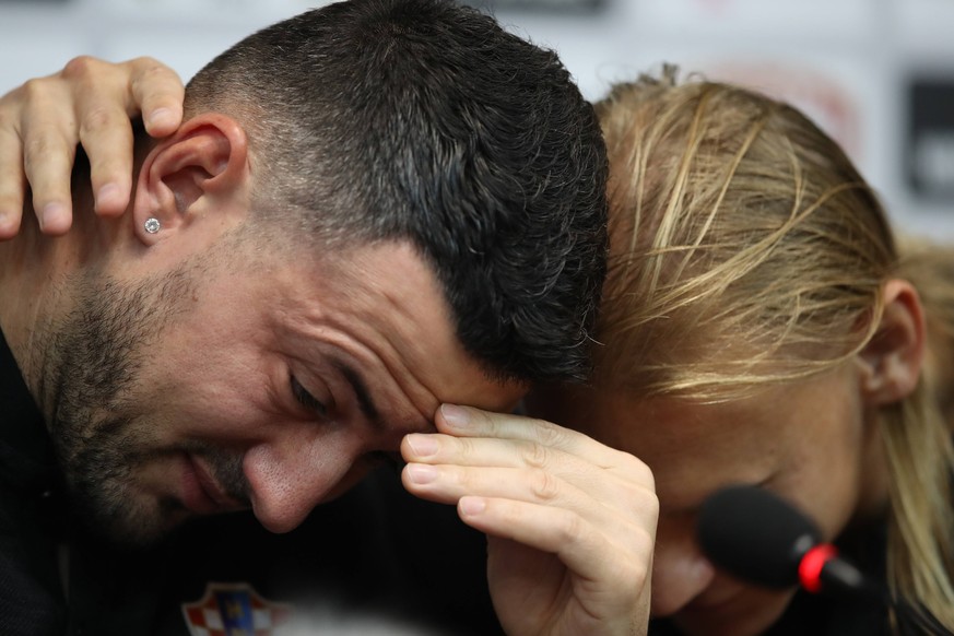 Danijel Subasic crying on press conference PK Pressekonferenz 03.07.2018, Sochi, Russia - Danijel Subasic and Domagoj Vida on media Conference of the Croatian National Football Team at the camp during ...
