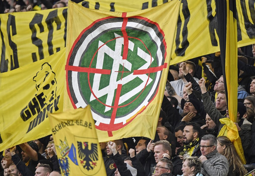Dortmund&#039;s Ultras show a logo of the German Football Federation, DFB, in crosshairs during the German Bundesliga soccer match between Borussia Dortmund and SC Freiburg in Dortmund, Germany, Satur ...
