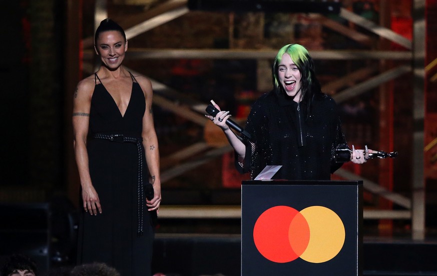 Brit Awards 2020 - Show - London. Billie Eilish with her International Female Solo Artist award on stage at the Brit Awards 2020 at the O2 Arena, London. Picture date: Tuesday February 18, 2020. See P ...