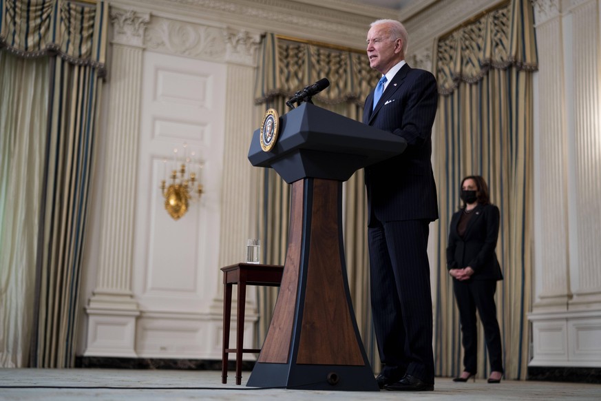 United States President Joe Biden announces the partnership between Johnson and Johnson and Merck to produce the Johnson and Johnson Covid vaccine in the State Dining Room of the White House, Tuesday, ...