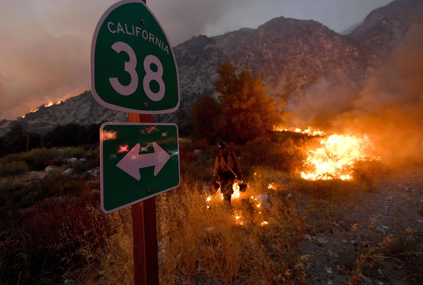 September 9, 2020, Forest Falls, California, USA: A firefighter lights a back fire near the intersection of Highway 38 and Valley of the Falls Drive as they battle the El Dorado fire just west of Fore ...