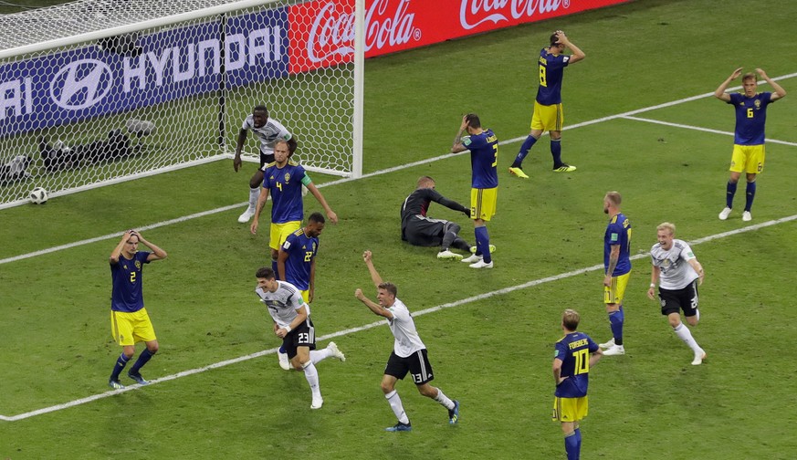 Germany players reacts after their teammate Toni Kroos, scoring his side&#039;s second goal during the group F match between Germany and Sweden at the 2018 soccer World Cup in the Fisht Stadium in Soc ...