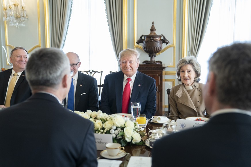 December 3, 2019, London, United Kingdom: President Donald J. Trump is joined by U.S. Ambassador to Great Britain Woody Johnson, U.S. Ambassador to NATO Kay Bailey Hutchison and senior White House sta ...