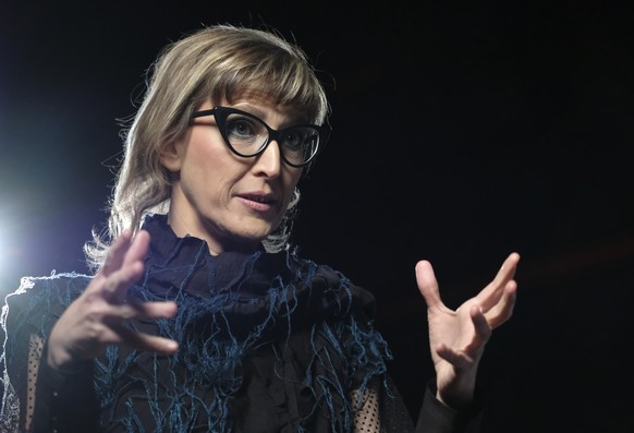 Bosnian filmmaker Jasmila Zbanic speaks and gestures during an interview with the Associated Press in the capital Sarajevo, Bosnia, Saturday, Jan. 30, 2021. Zbanic&#039;s latest and the most ambitious ...