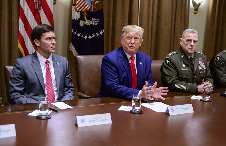 United States President Donald J. Trump answers a reporter s question as he participates in a briefing with senior military leaders in the Cabinet Room of the White House in Washington, DC on Monday,  ...