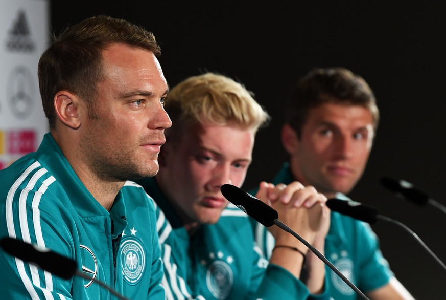 Soccer Football - UEFA Nations League - Germany Press Conference - Hilton Munich Park, Munich, Germany - September 4, 2018 Germany&#039;s Manuel Neuer, Julian Brandt and Thomas Mueller during a press  ...