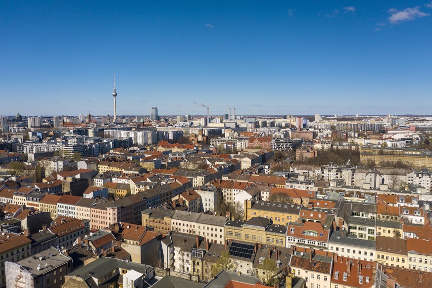 Germany, Berlin, Aerial view of Kreuzberg district with Fernsehturm Berlin in background TAMF02405