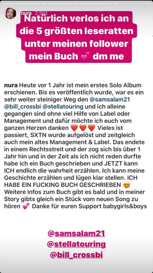Beitrag von Nura: Auf Instagram kündigt sie ihr eigenes Buch an.