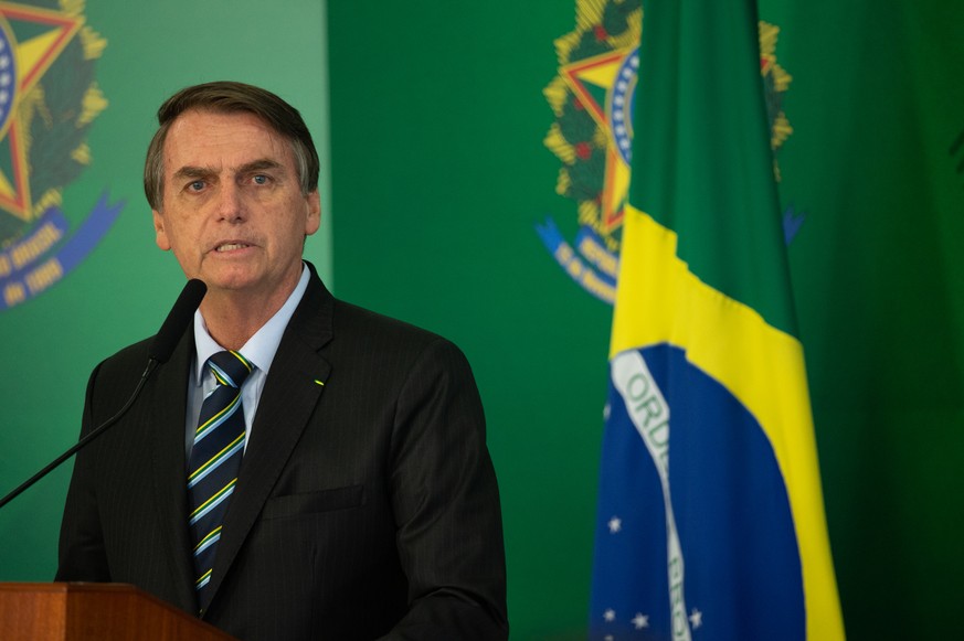 BRASILIA, BRAZIL - FEBRUARY 28: Brazilian President Jair Bolsonaro speaks with press after meeting with venezuelan opposition leader and self-declared iterim president Juan Guaido at Palace Itamaraty  ...