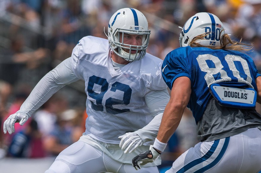 August 10, 2015: Indianapolis Colts outside linebacker Bjoern Werner (92) and Indianapolis Colts tight end Coby Fleener (80) during the Indianapolis Colts Training Camp practice at Anderson University ...