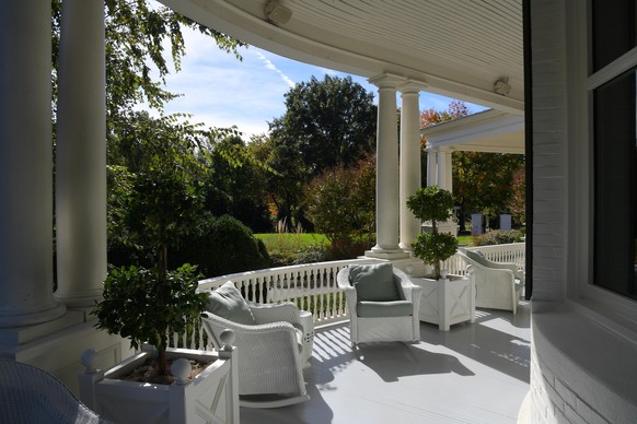 WASHINGTON, DC - OCTOBER 28:
A wrap around porch at the Vice President&#039;s residence is photographed October 28, 2016 in Washington, DC. 
(Photo by Katherine Frey/The Washington Post via Getty Imag ...