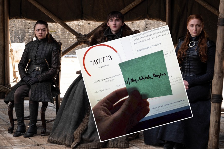 This image released by HBO shows from left to right Maisie Williams, Isaac Hempstead Wright and Sophie Turner in a scene from the final episode of &quot;Game of Thrones,&quot; that aired Sunday, May 1 ...