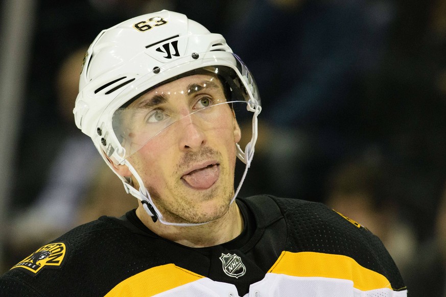 February 07, 2018: Boston Bruins left wing Brad Marchand (63) licks his lips during the game between The New York Rangers and The Boston Bruins at Madison Square Garden in Manhattan, New York. The Bos ...
