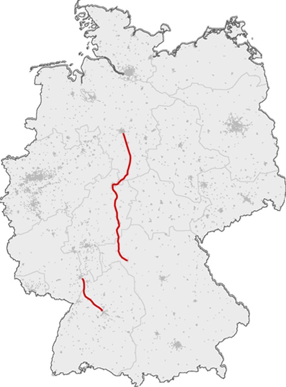 Im Südwesten Mannheim-Stuttgart, vom Norden nach bis nach Bayern führt die Strecke Hannover-Würzburg.
