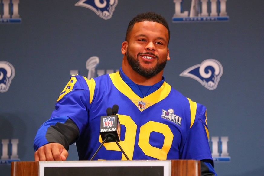 ATLANTA, GA - JANUARY 31: Los Angeles Rams defensive end Aaron Donald (99) answers questions during the Los Angeles Rams press conference PK Pressekonferenz on January 31, 2019 at the Atlanta Marriott ...