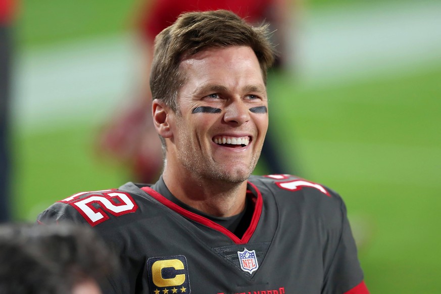 TAMPA, FL - NOVEMBER 23: Tom Brady 12 of the Buccaneers is all smiles before the regular season game between the Los Angeles Rams and the Tampa Bay Buccaneers on November 23, 2020 at Raymond James Sta ...