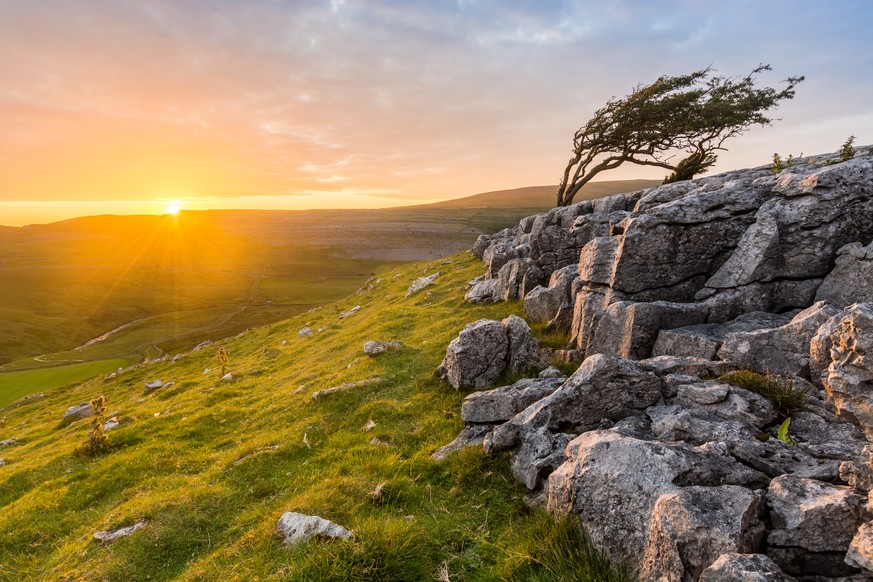 A photograph taken at Twistleton Scar in North Yorkshire, UK. The photograph features a beautiful golden sunset covering the stunning foreground rocks and grass in stunning golden light. The left side ...