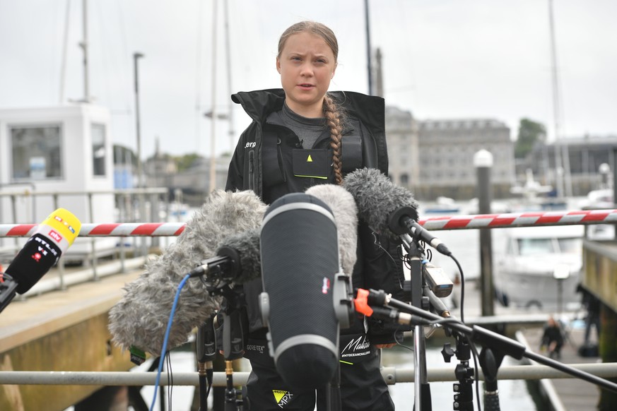 Greta Thunberg sails to the US. Climate activist Greta Thunberg speaks to the media before shebegins her voyage to the US from Plymouth on the Malizia II, to attend climate demonstrations in the count ...