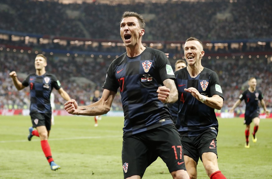 Croatia&#039;s Mario Mandzukic celebrates after scoring his side&#039;s second goal during the semifinal match between Croatia and England at the 2018 soccer World Cup in the Luzhniki Stadium in Mosco ...