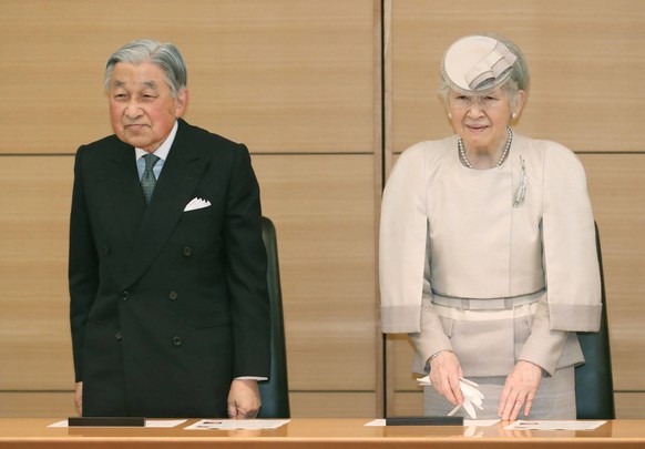 Japan emperor, empress at award ceremony Japanese Emperor Akihito and Empress Michiko attend an award ceremony in Tokyo on April 26, 2019. It was the emperor s last official duty outside the Imperial  ...