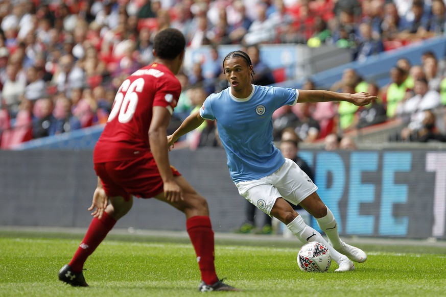 Leroy Sane of Manchester City taking on Trent Alexander-Arnold of Liverpool during the 2019 FA Community Shield match between Liverpool and Manchester City at Wembley Stadium, London, England on 4 Aug ...