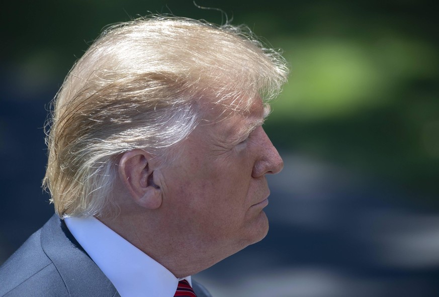 President Donald Trump s hair blows in the wind as he responds to a reporter s question during an impromptu press conference on the South Lawn of the White House in Washington, DC on June 11, 2019. He ...