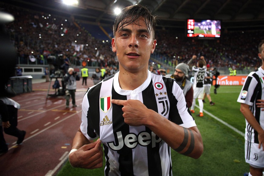 13.05.2018. Stadio Olimpico, Rome, Italy. Serie A. AS Roma vs FC Juventus. Paulo Dybala , Juventus celebrates its seventh consecutive Scudetto at the end Serie A football match As Roma vs Juventus at  ...