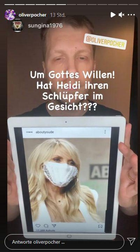 Oliver Pocher zeigt sich belustigt über Heidi Klums Mund-Nasen-Schutz.