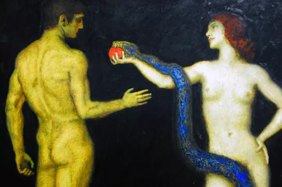Franz von Stucks "Adam und Eva": Eva ist an restlos allem schuld. Bereits die alten Perser glaubten, die Menstruation gehe auf die Verbindung der ersten Frau mit einer Schlange zurück.