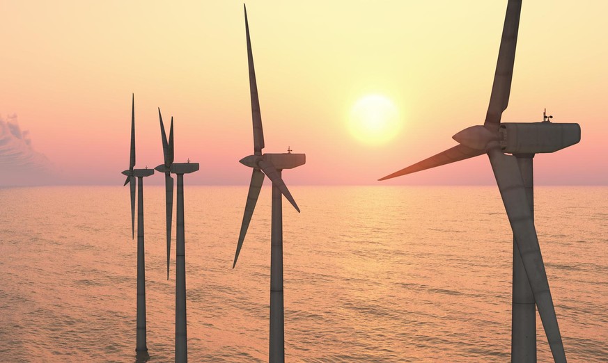 Computer generated 3D illustration with wind turbines at sunset