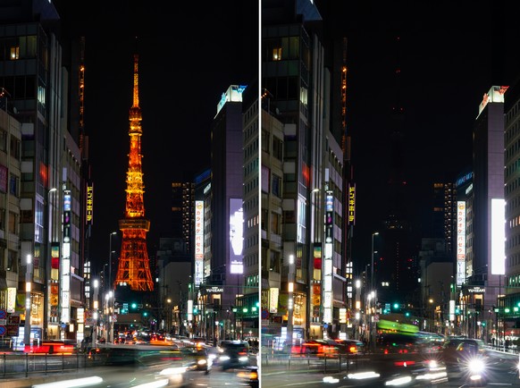 27.03.2021, Japan, Tokio: KOMBO - Die Beleuchtung am Tokyo Tower ist vor der Earth Hour eingeschaltet (l) und w�hrend der Earth Hour ausgeschaltet (r). Heute ist Earth Hour nach WWF-Angaben die gr��te ...